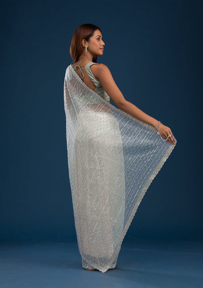 Pista Green Stonework Tissue Saree-Koskii