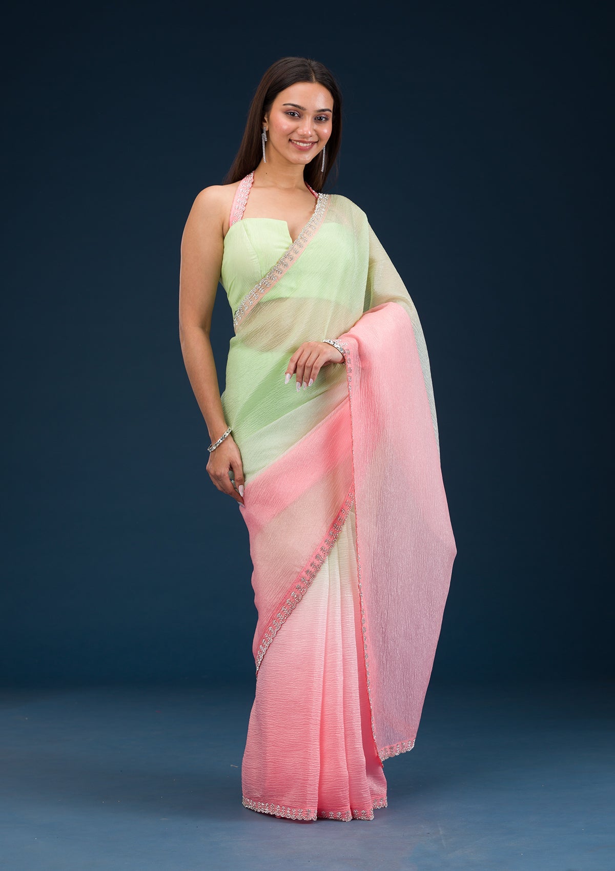 Pista Green Stonework Tissue Saree