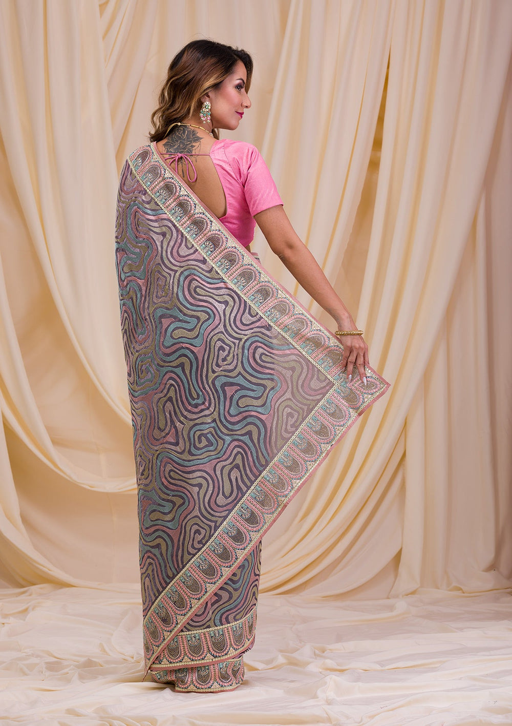 Pista Green Swarovski Chiffon Saree-Koskii
