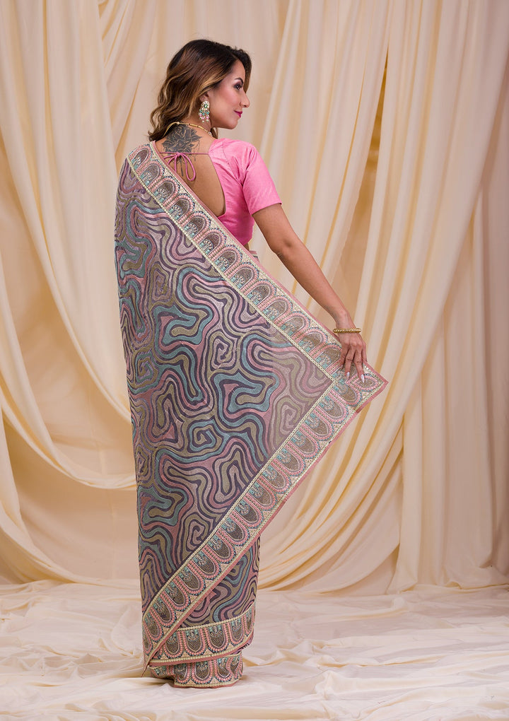 Pista Green Swarovski Chiffon Saree-Koskii