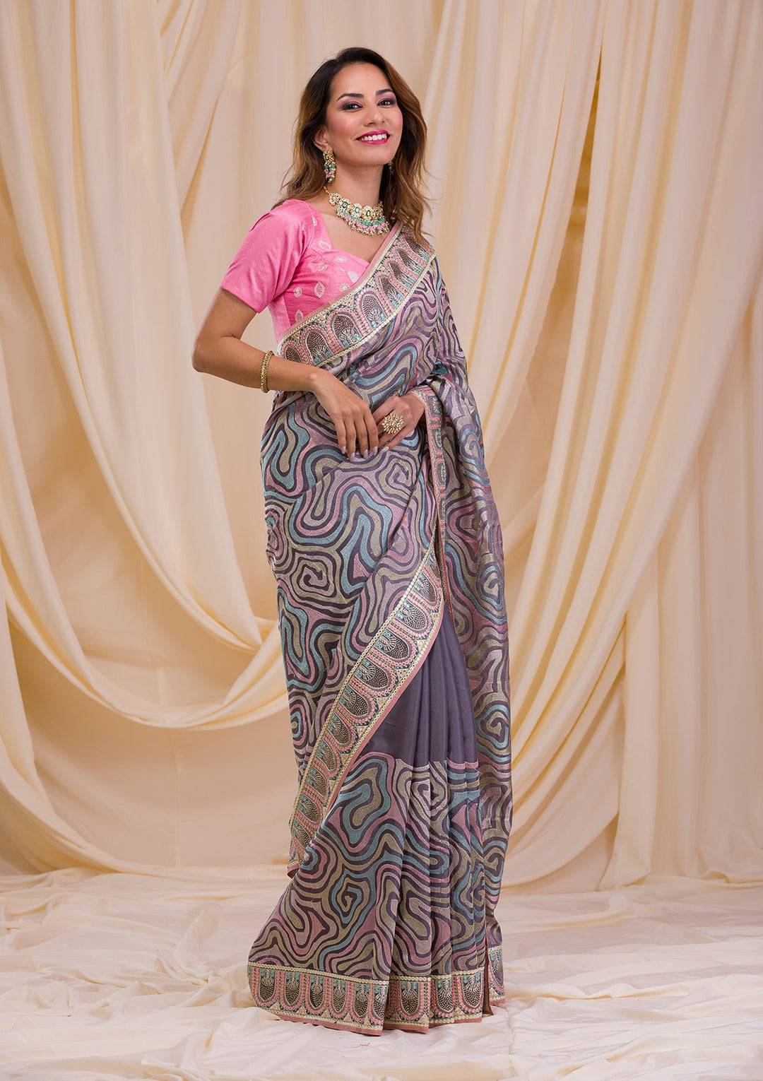 Pista Green Swarovski Chiffon Saree-Koskii