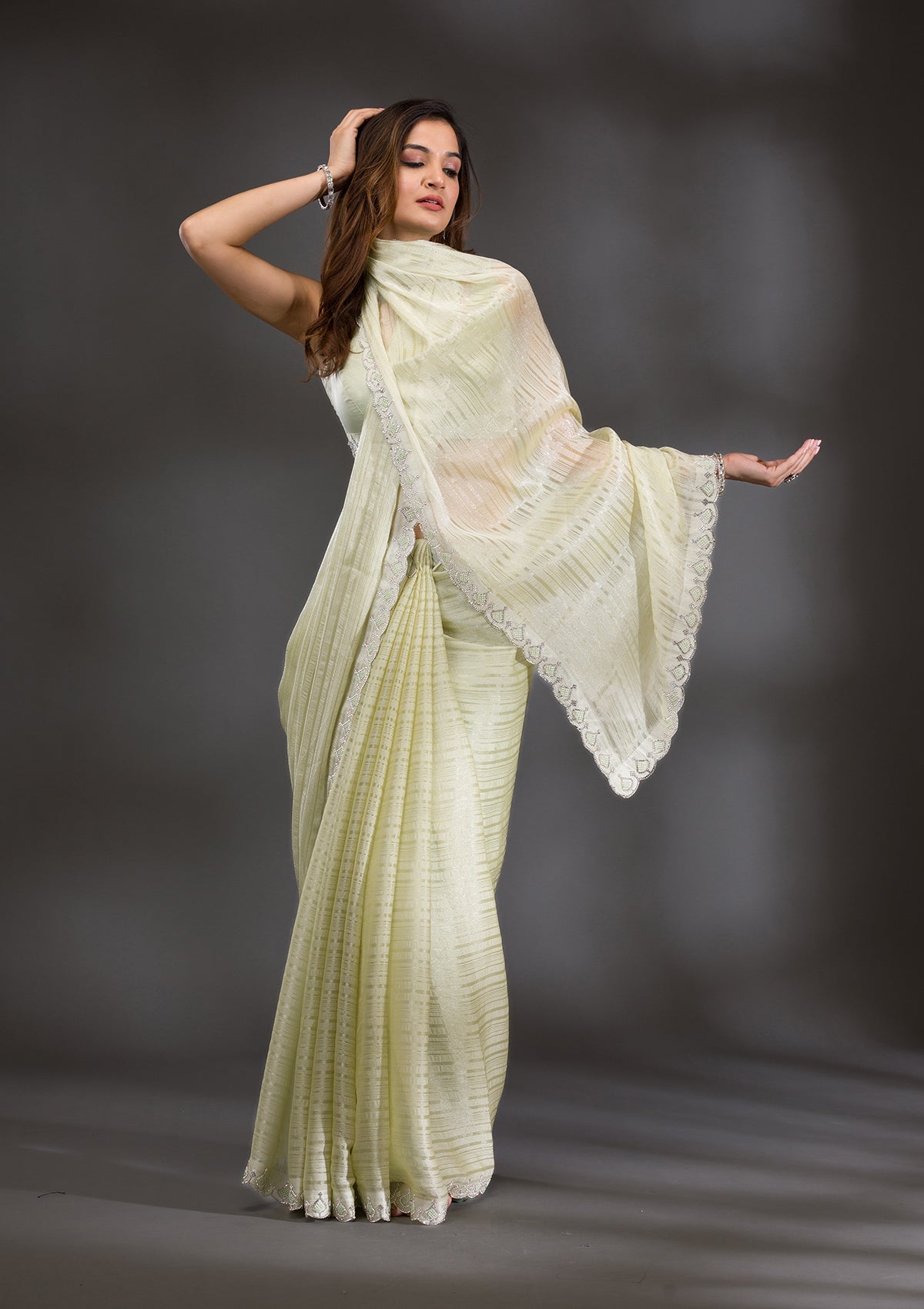Pista Green Swarovski Georgette Saree-Koskii
