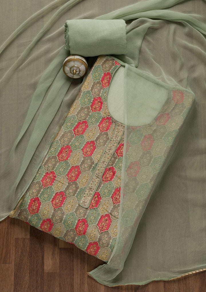 Light Green Swarovski Semi Crepe Unstitched Salwar Suit-Koskii