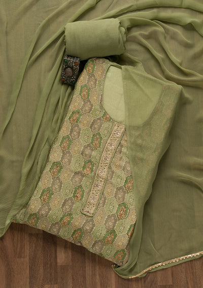 Pista Green Swarovski Semi Crepe Unstitched Salwar Suit-Koskii