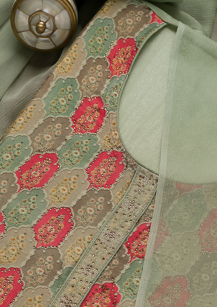 Light Green Swarovski Semi Crepe Unstitched Salwar Suit-Koskii