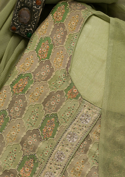 Pista Green Swarovski Semi Crepe Unstitched Salwar Suit-Koskii