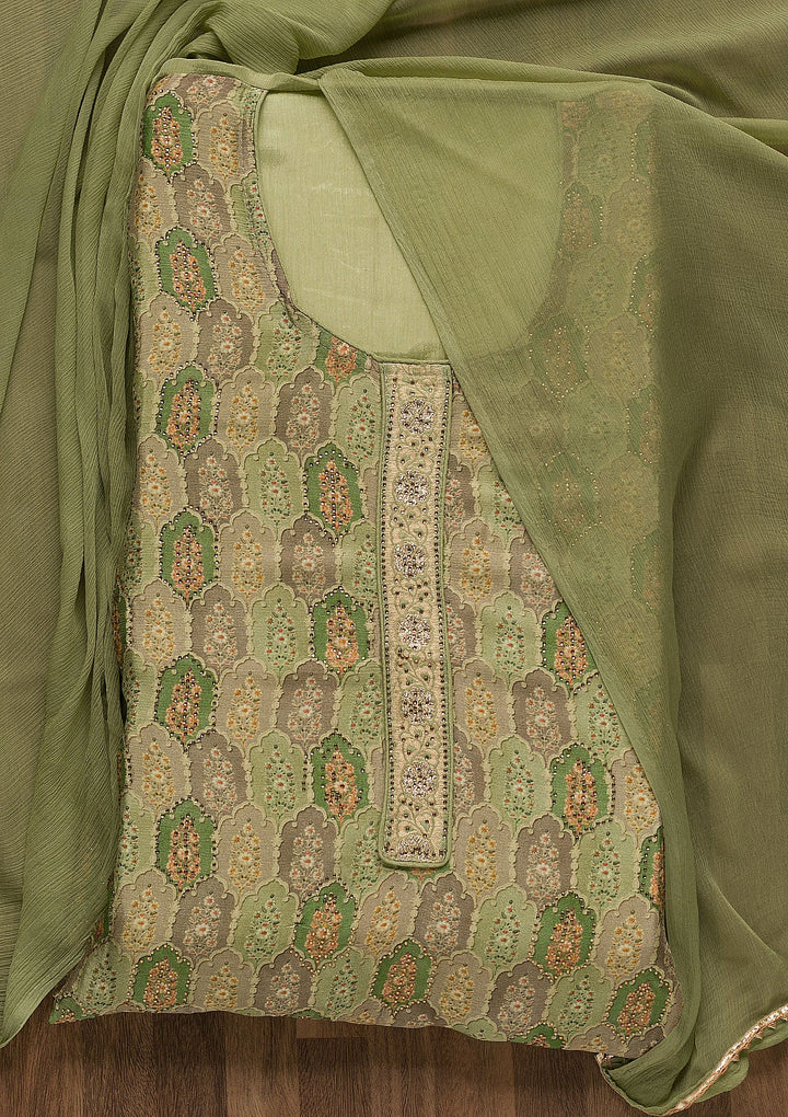 Pista Green Swarovski Semi Crepe Unstitched Salwar Suit-Koskii