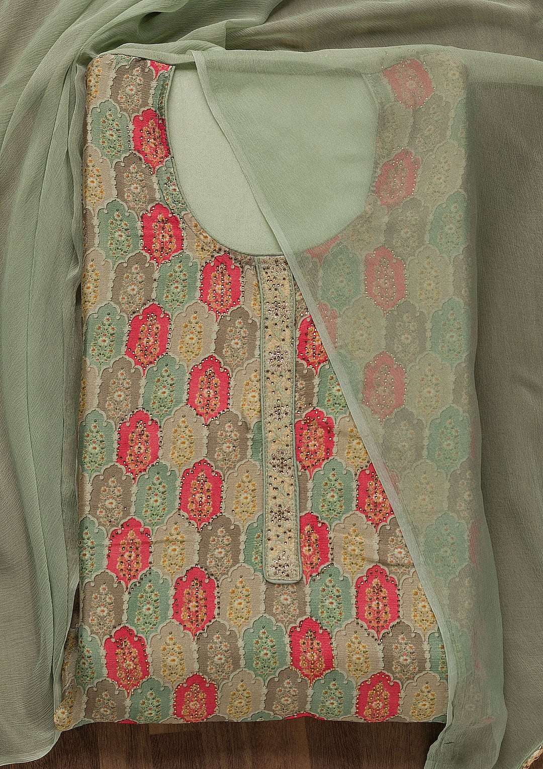 Light Green Swarovski Semi Crepe Unstitched Salwar Suit-Koskii