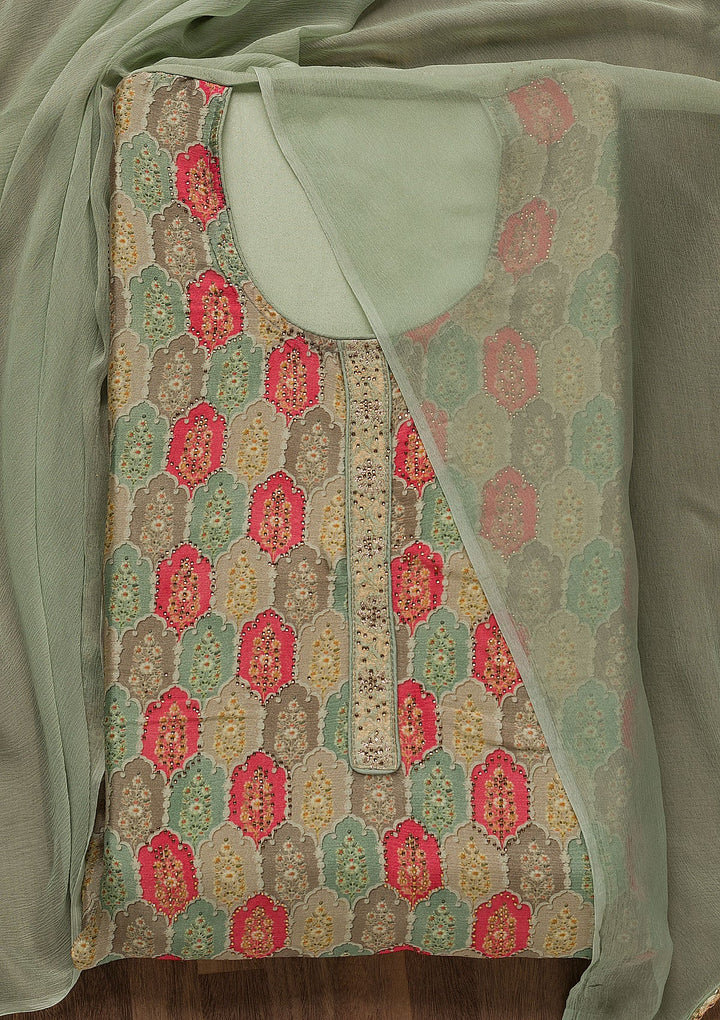 Light Green Swarovski Semi Crepe Unstitched Salwar Suit-Koskii