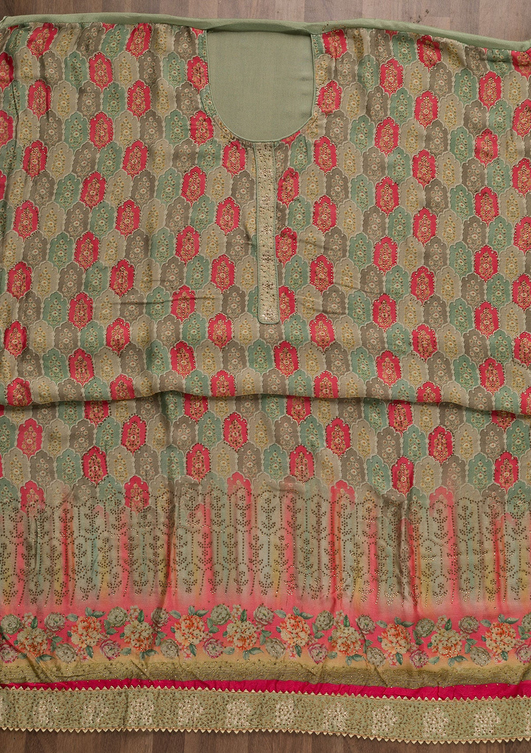 Light Green Swarovski Semi Crepe Unstitched Salwar Suit-Koskii