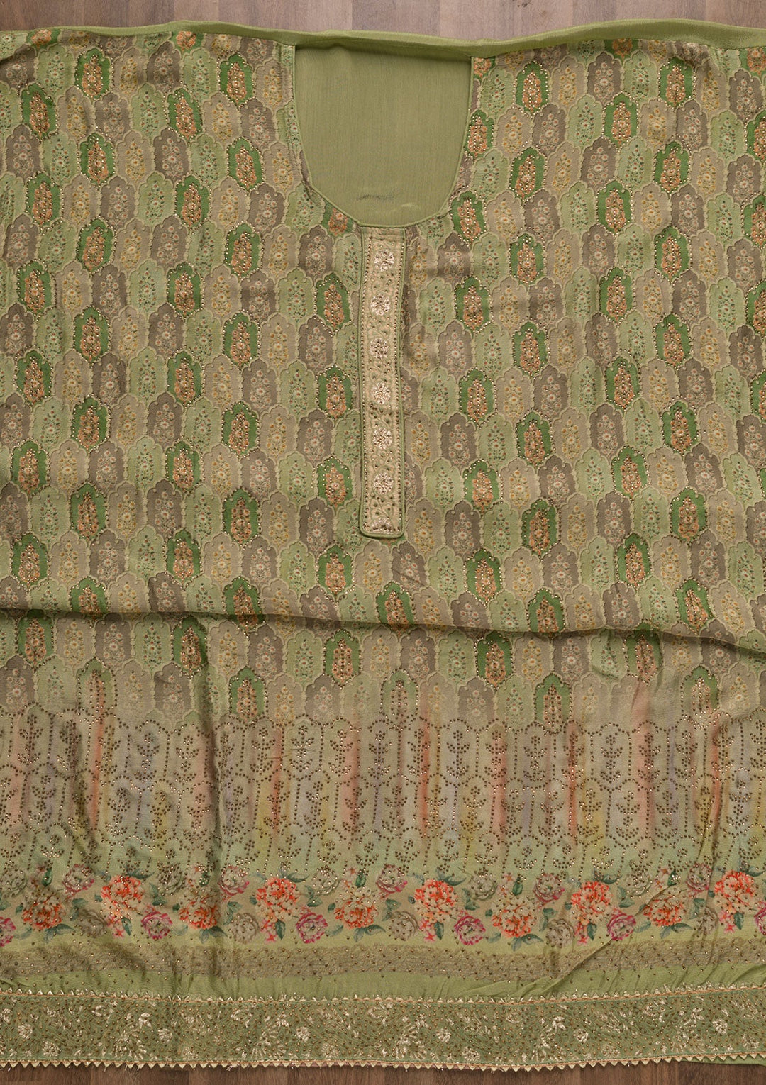 Pista Green Swarovski Semi Crepe Unstitched Salwar Suit-Koskii