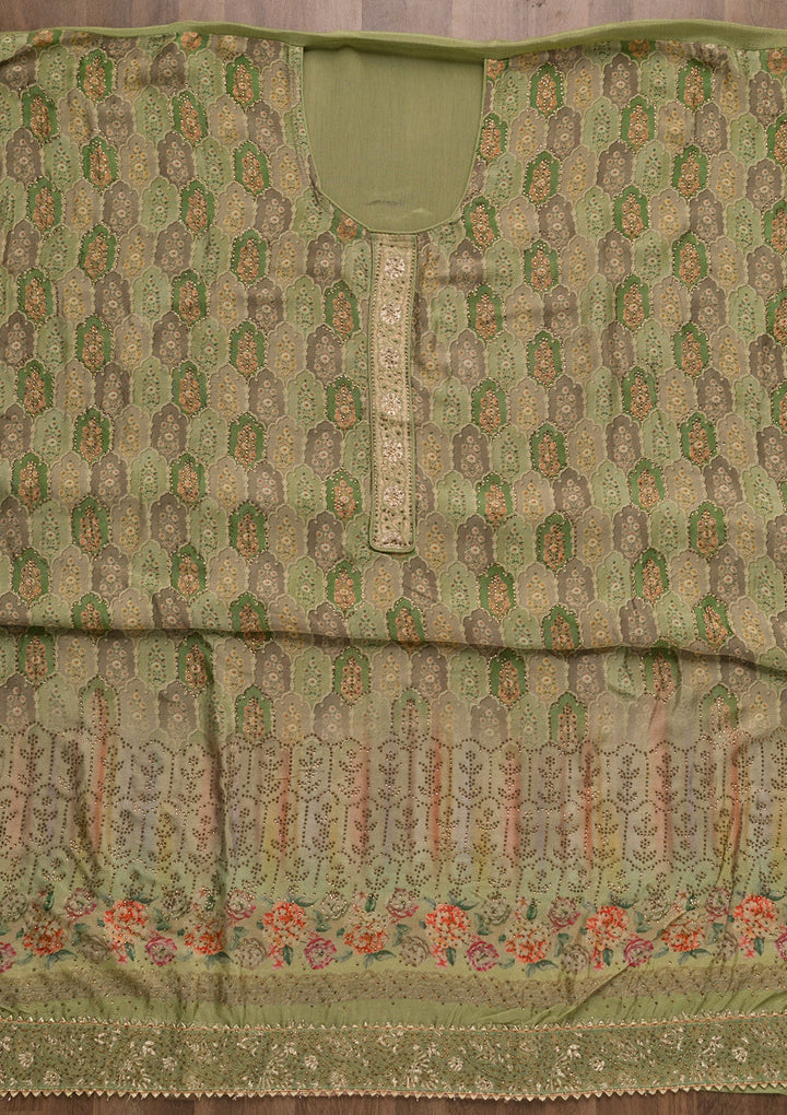 Pista Green Swarovski Semi Crepe Unstitched Salwar Suit-Koskii