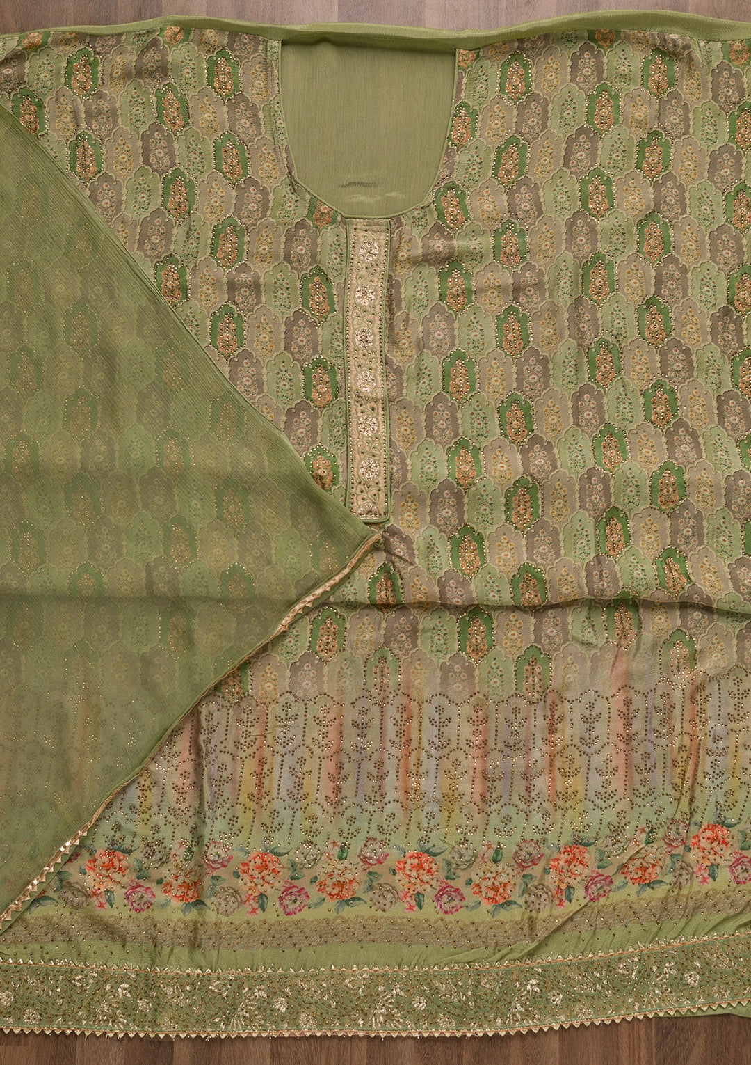 Pista Green Swarovski Semi Crepe Unstitched Salwar Suit-Koskii