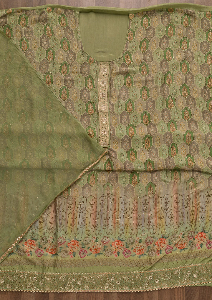Pista Green Swarovski Semi Crepe Unstitched Salwar Suit-Koskii