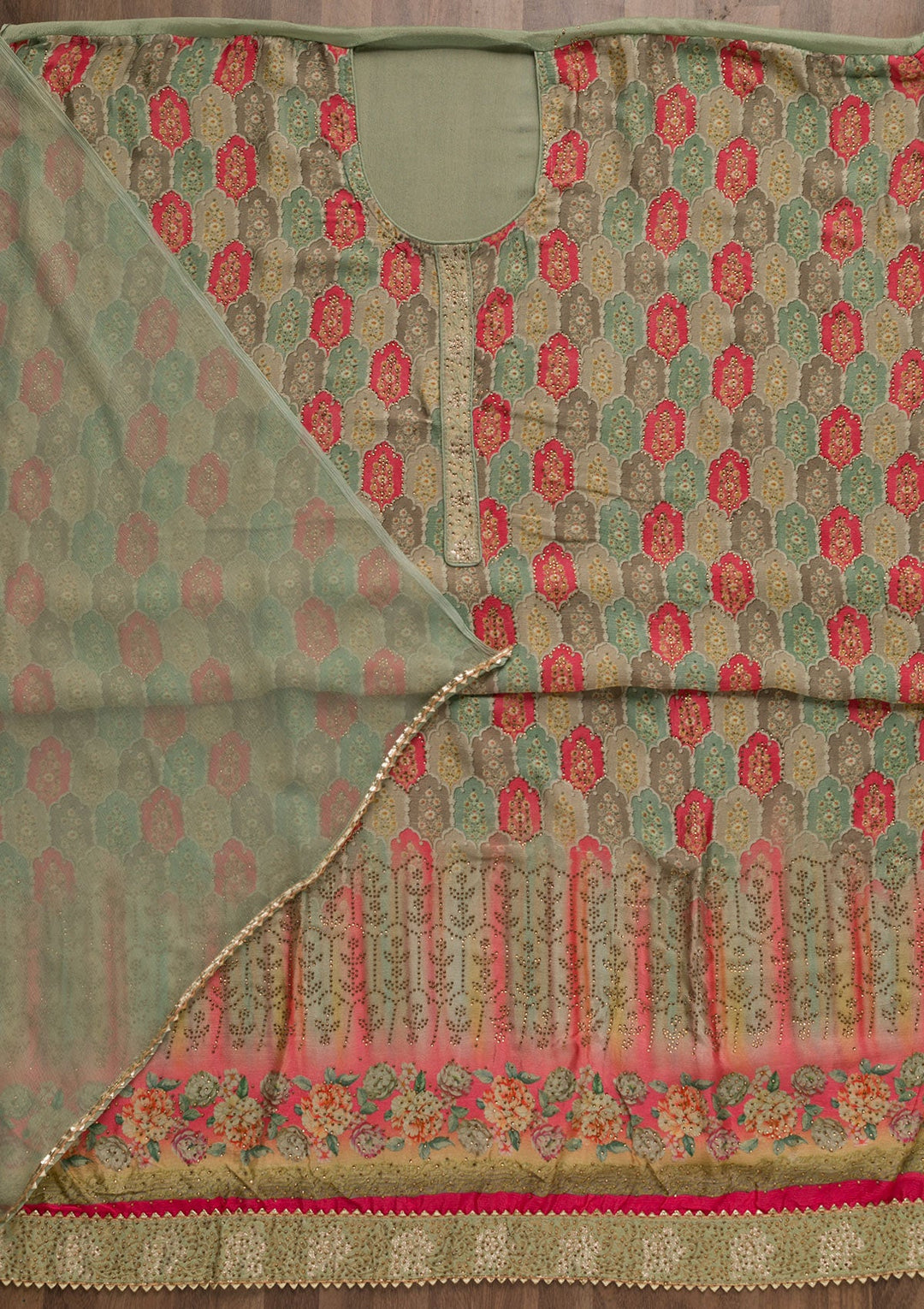 Light Green Swarovski Semi Crepe Unstitched Salwar Suit-Koskii