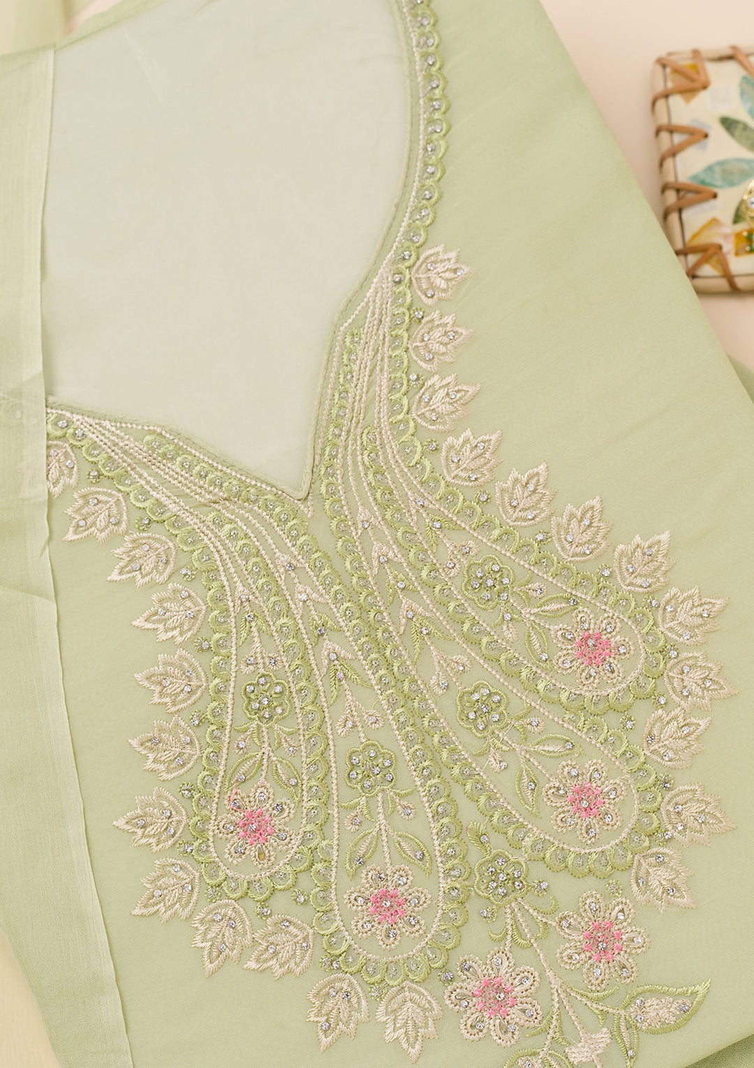 Pista Green Threadwork Organza Unstitched Salwar Suit-Koskii