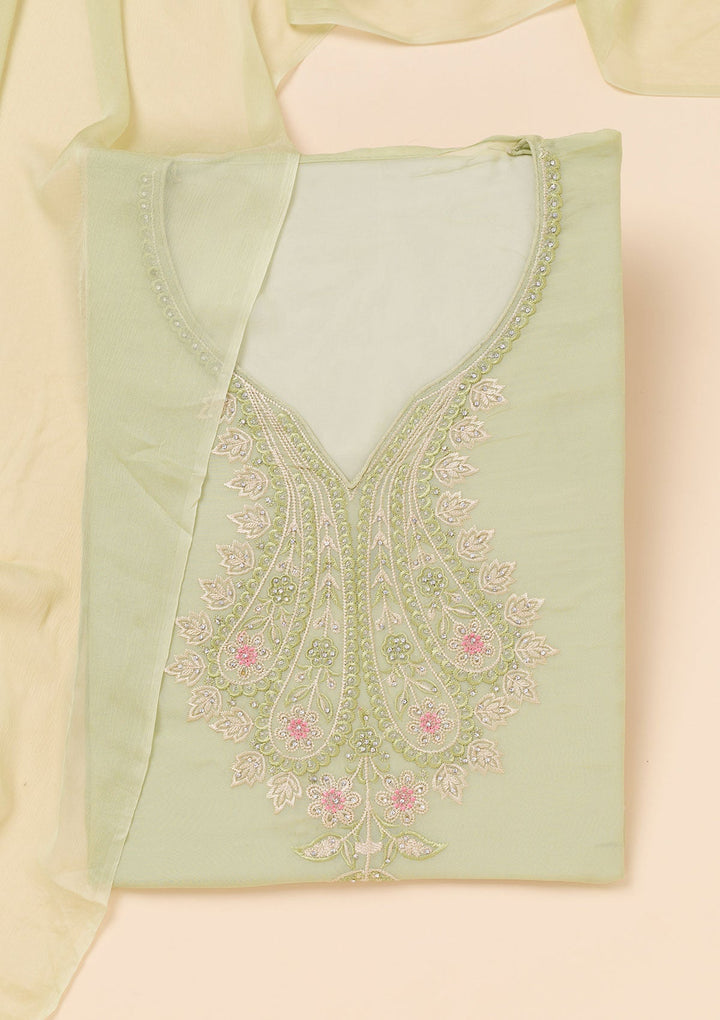 Pista Green Threadwork Organza Unstitched Salwar Suit-Koskii