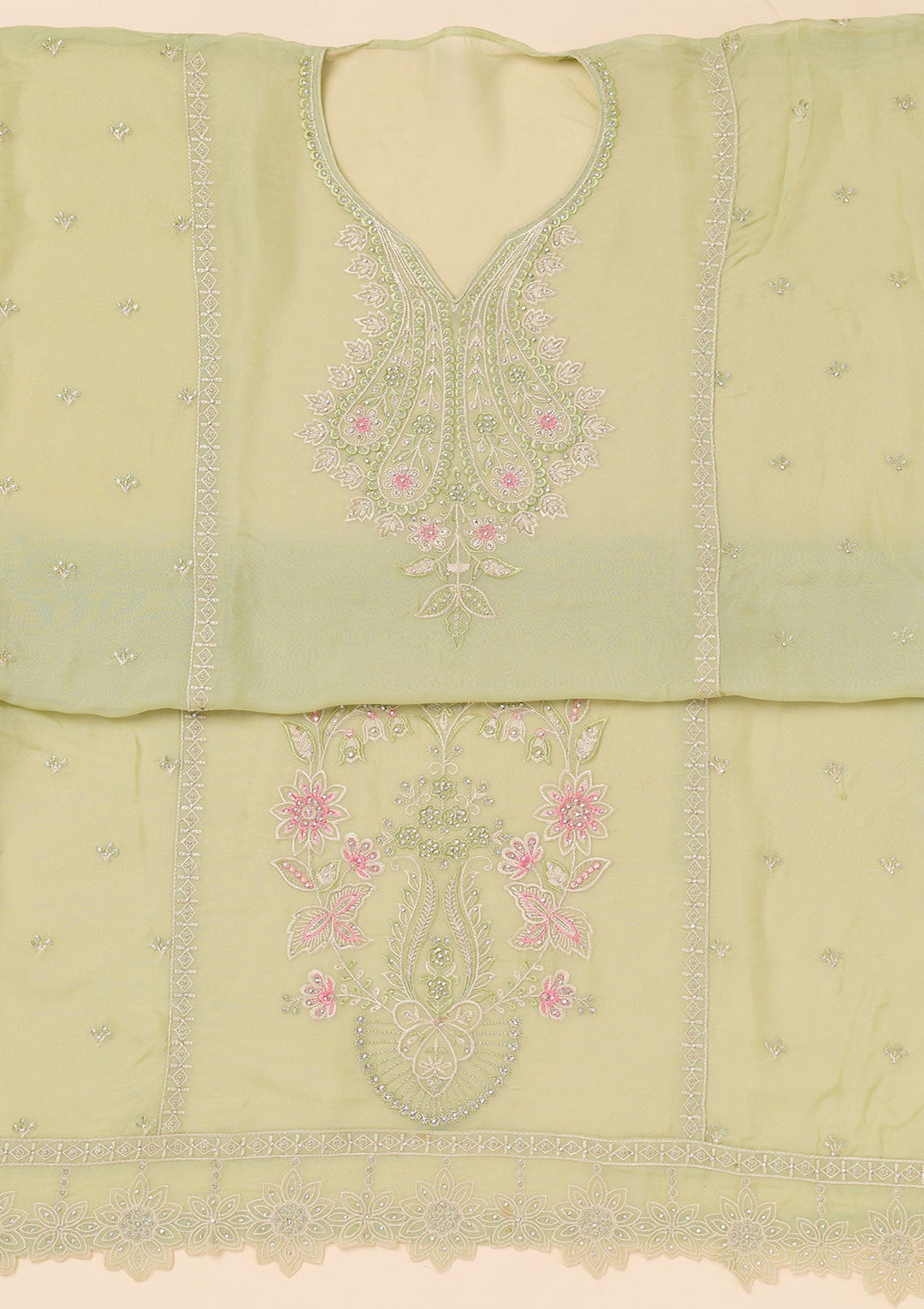 Pista Green Threadwork Organza Unstitched Salwar Suit-Koskii