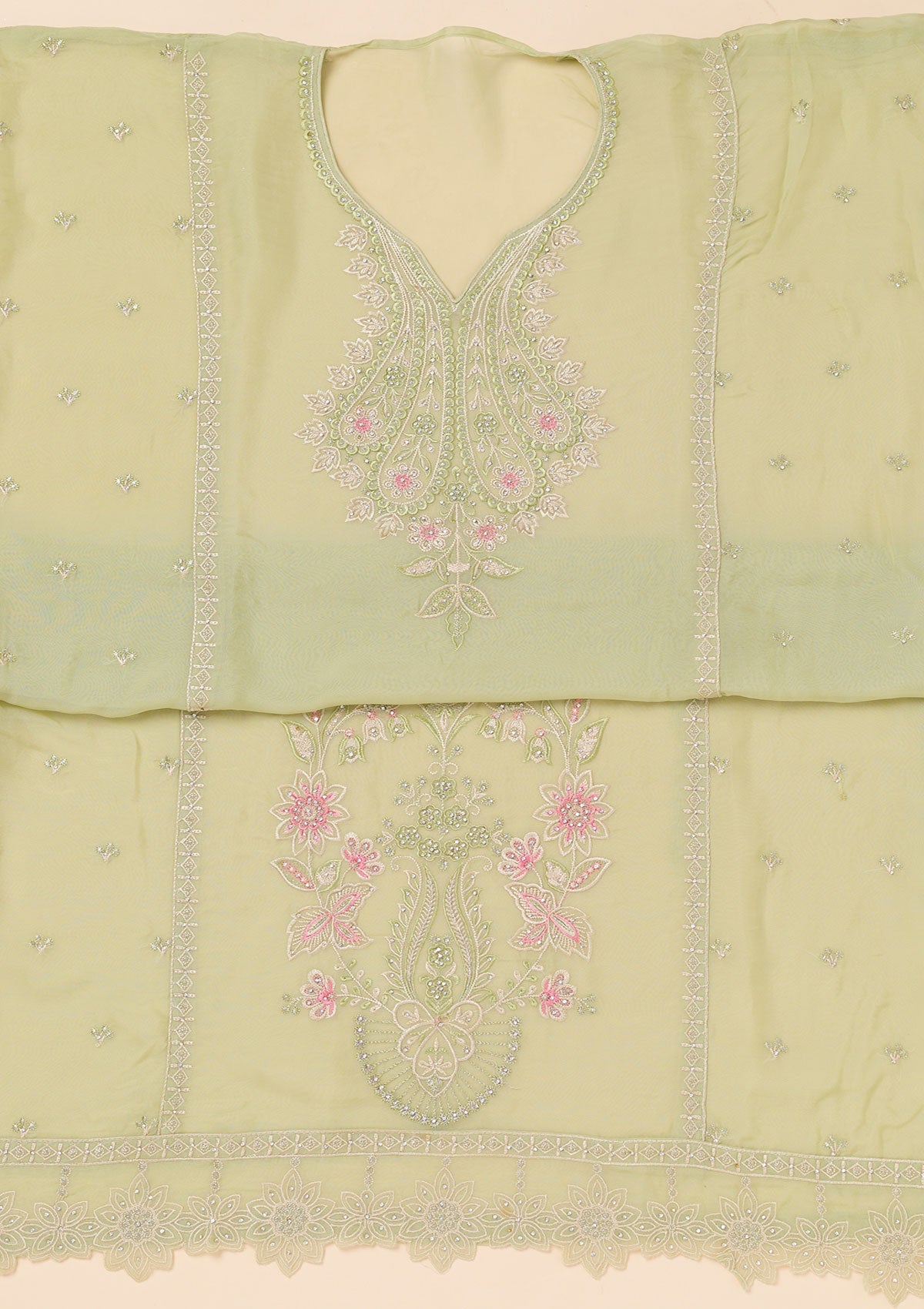 Pista Green Threadwork Organza Unstitched Salwar Suit-Koskii