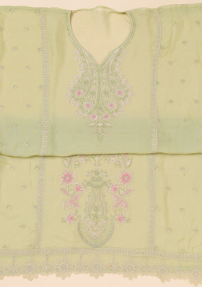 Pista Green Threadwork Organza Unstitched Salwar Suit-Koskii