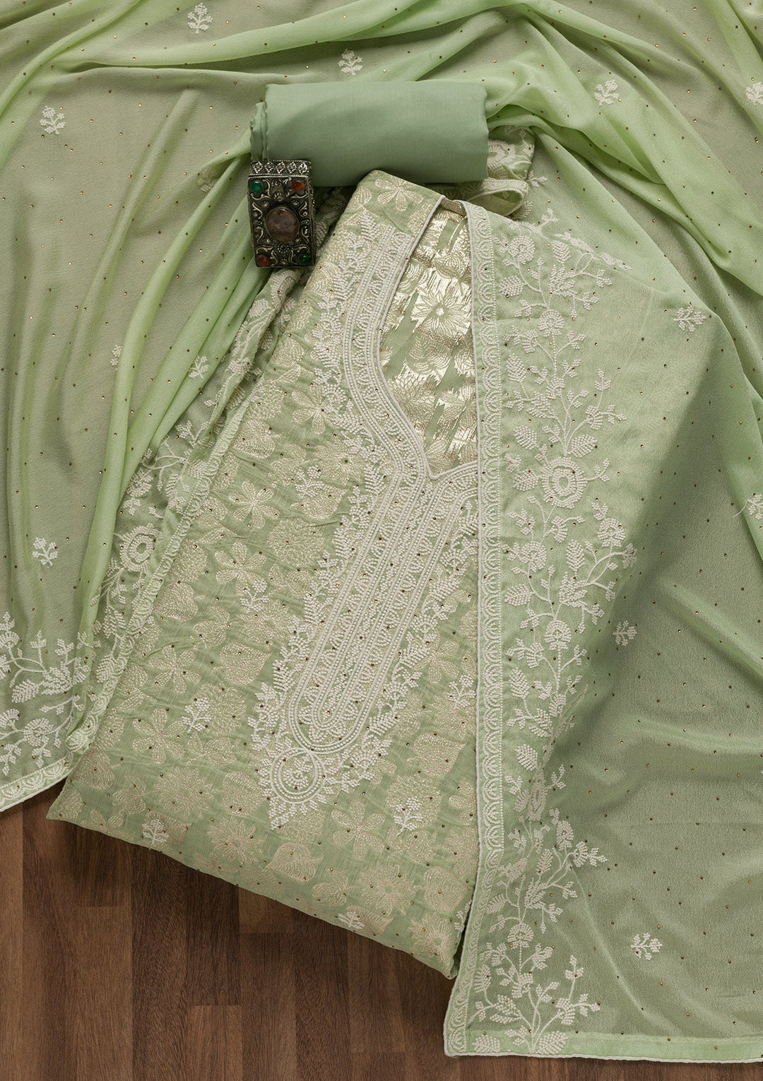 Pista Green Threadwork Banarasi Unstitched Salwar Suit-Koskii