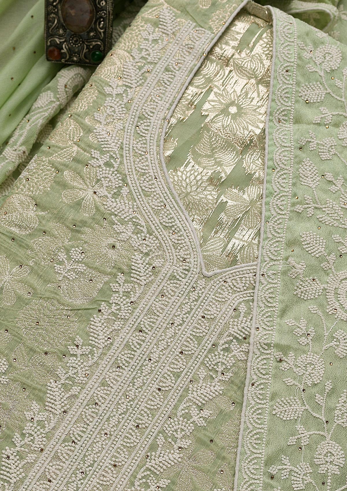 Pista Green Threadwork Banarasi Unstitched Salwar Suit-Koskii
