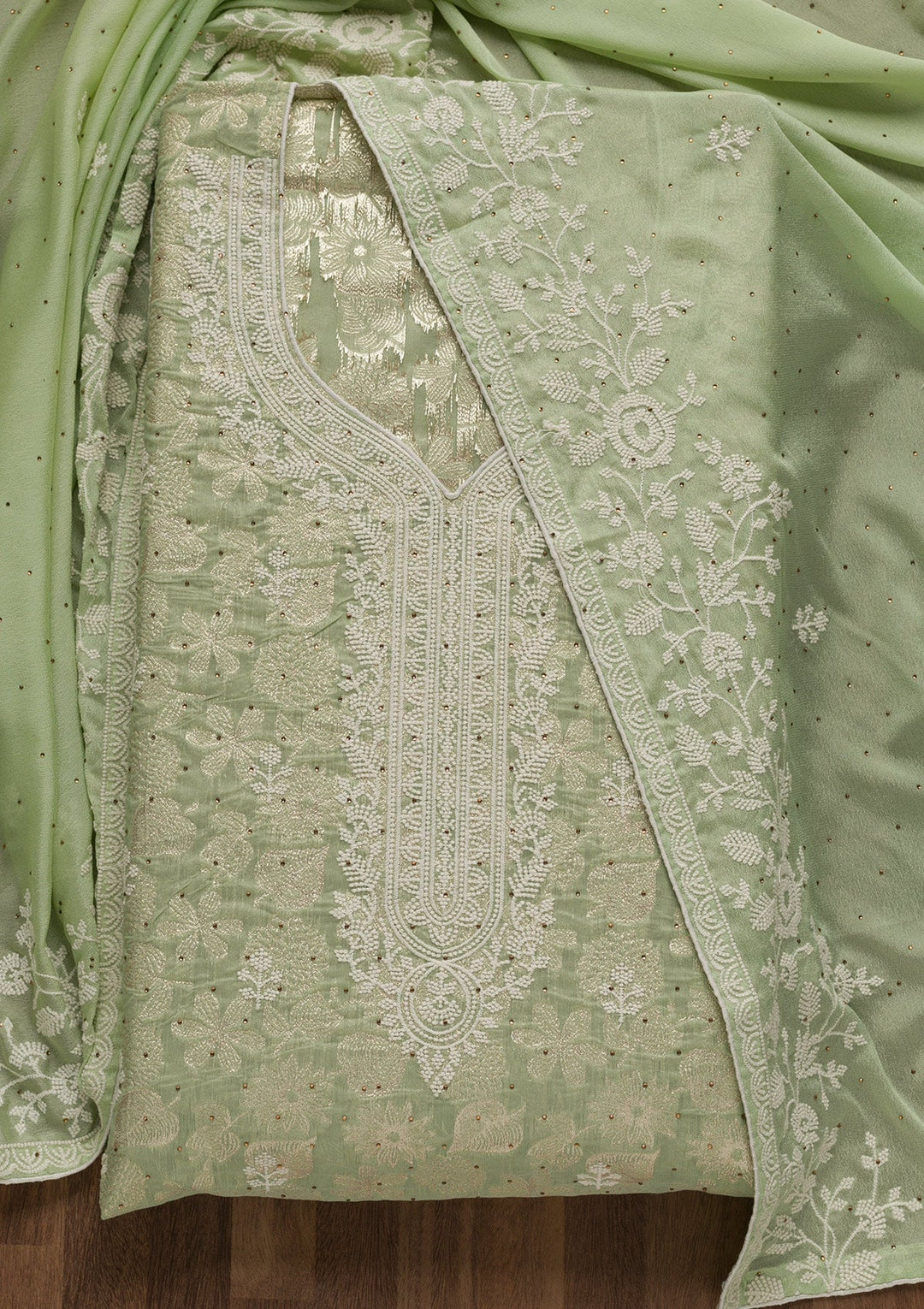 Pista Green Threadwork Banarasi Unstitched Salwar Suit-Koskii