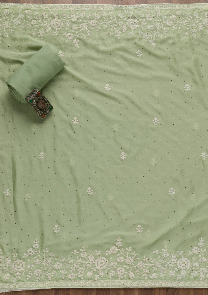 Pista Green Threadwork Banarasi Unstitched Salwar Suit-Koskii