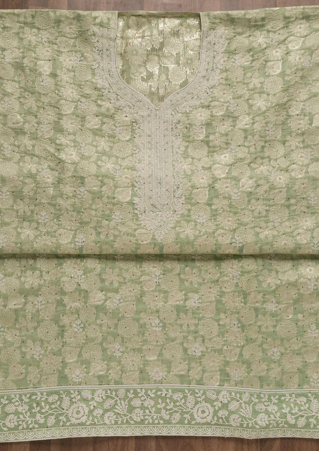 Pista Green Threadwork Banarasi Unstitched Salwar Suit-Koskii