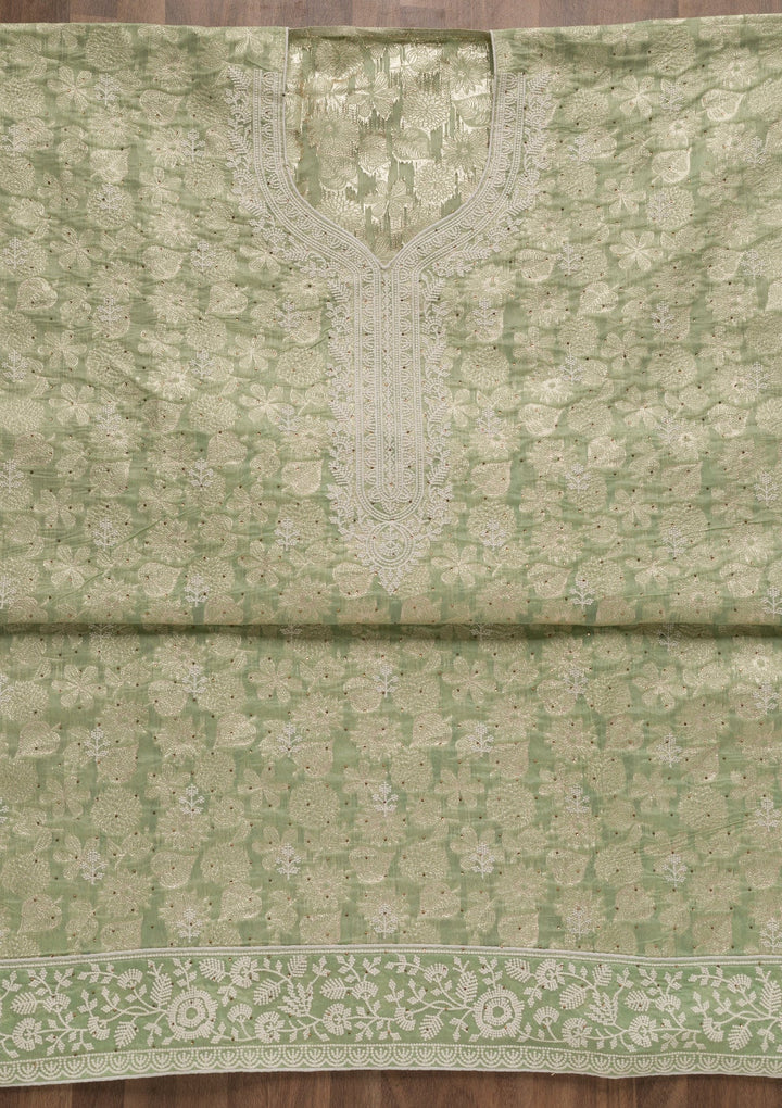 Pista Green Threadwork Banarasi Unstitched Salwar Suit-Koskii