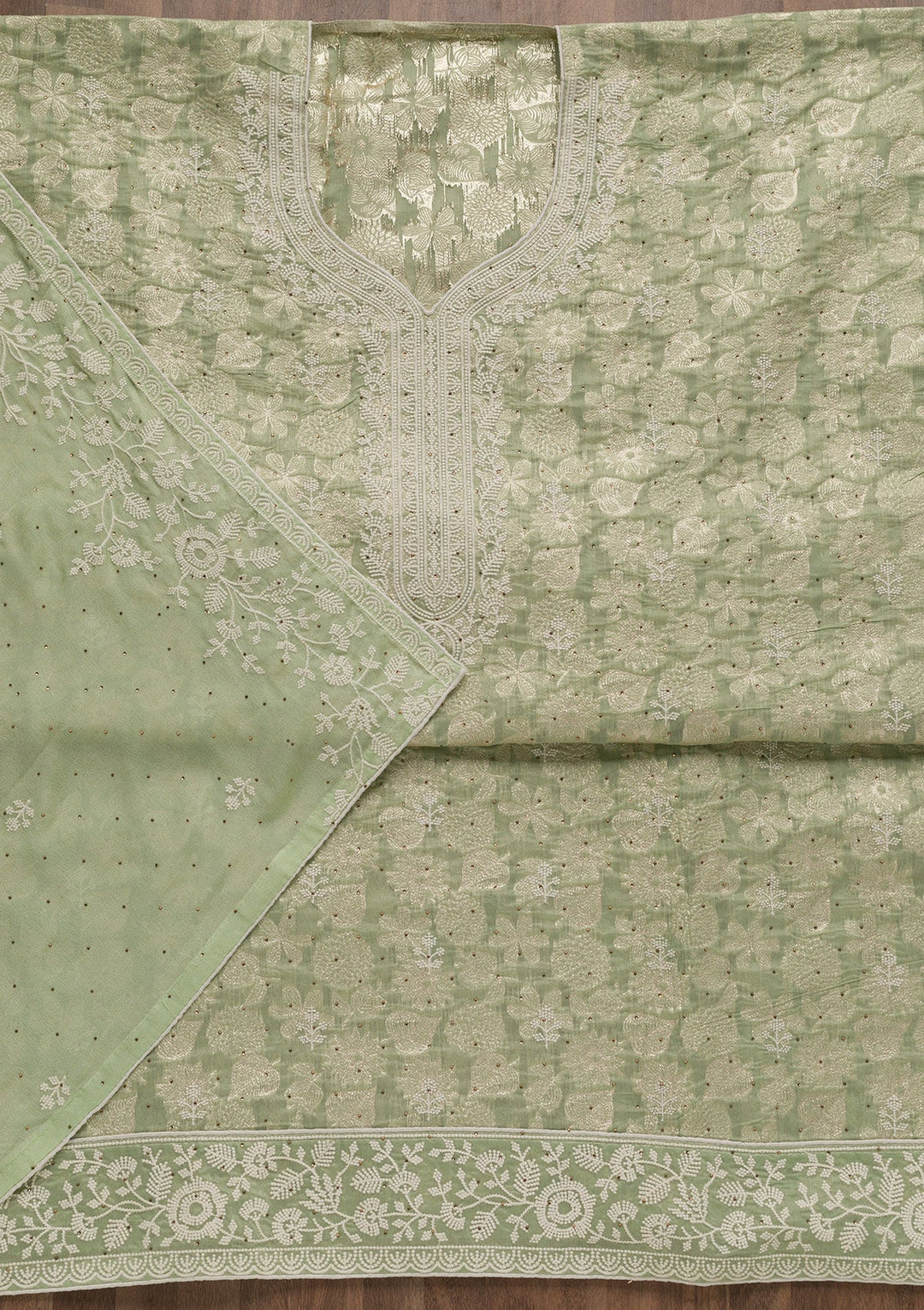 Pista Green Threadwork Banarasi Unstitched Salwar Suit-Koskii