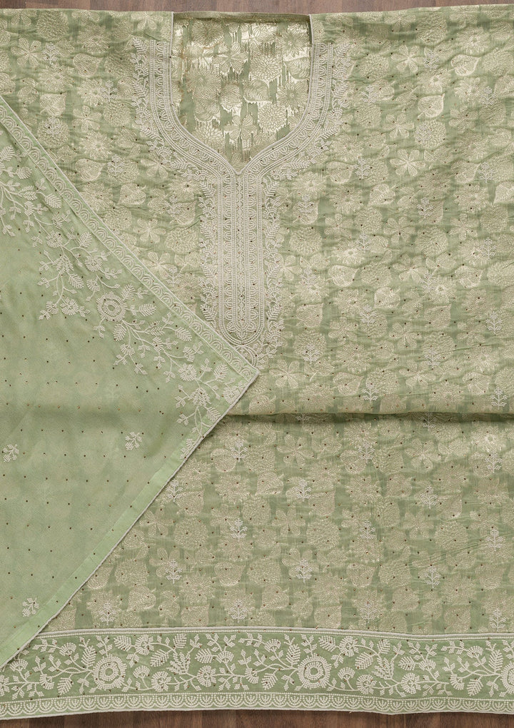 Pista Green Threadwork Banarasi Unstitched Salwar Suit-Koskii