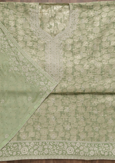 Pista Green Threadwork Banarasi Unstitched Salwar Suit-Koskii