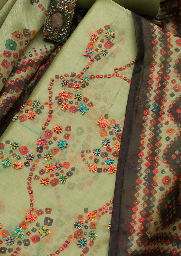 Pista Green Threadwork Chanderi Unstitched Salwar Suit-Koskii
