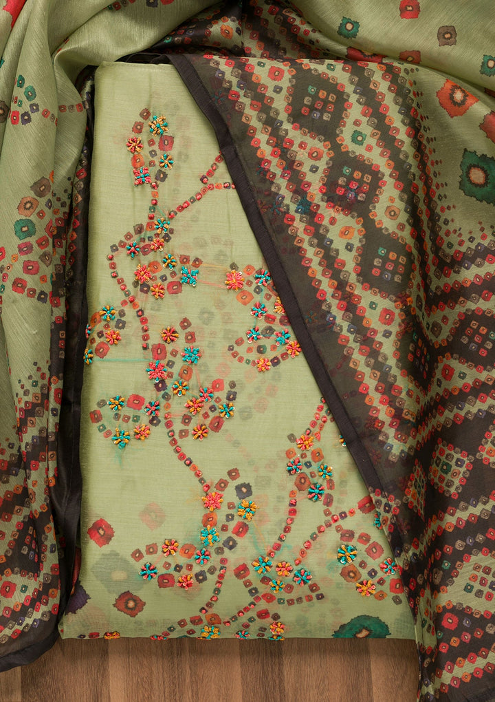 Pista Green Threadwork Chanderi Unstitched Salwar Suit-Koskii