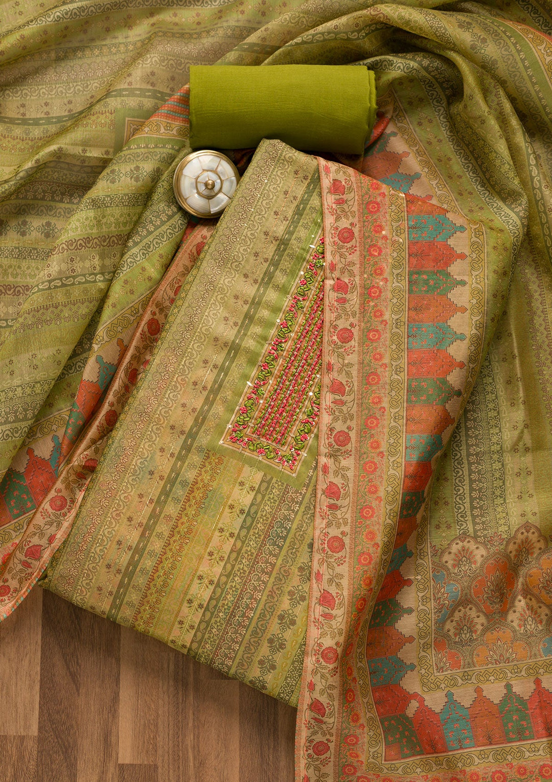 Pista Green Threadwork Chanderi Unstitched Salwar Suit-Koskii