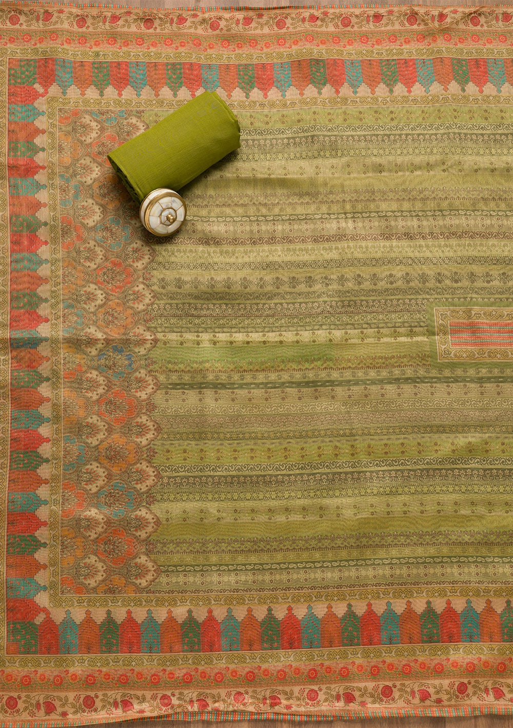 Pista Green Threadwork Chanderi Unstitched Salwar Suit-Koskii