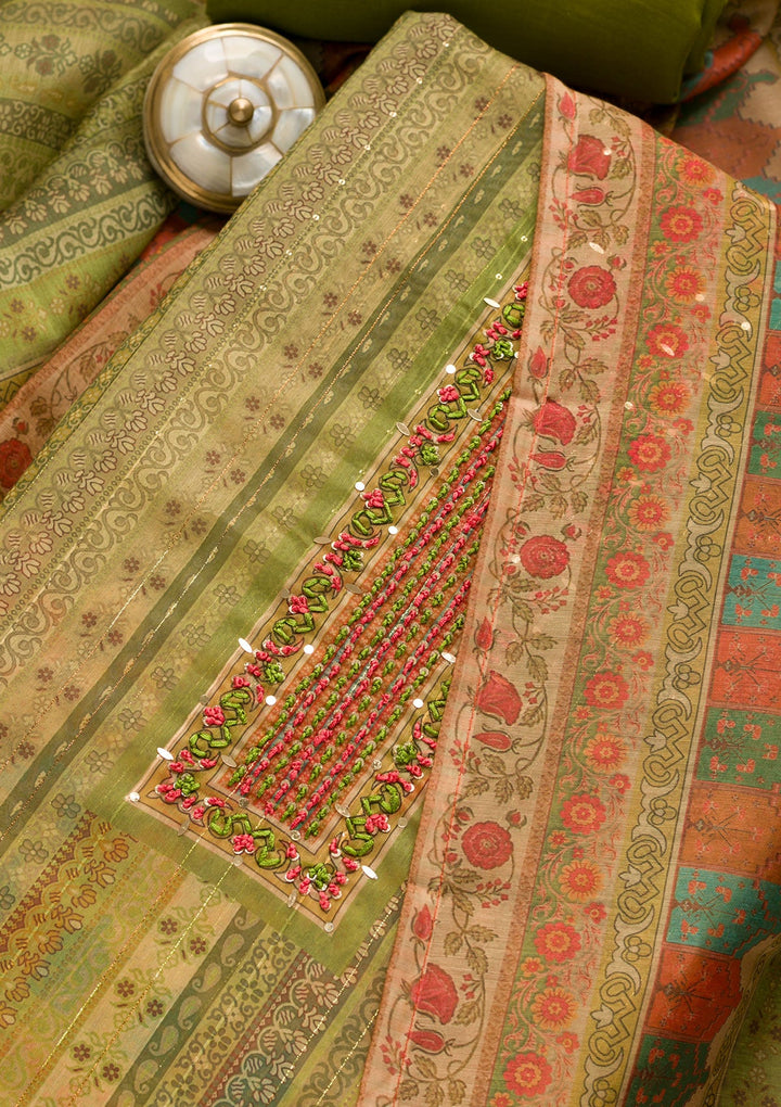 Pista Green Threadwork Chanderi Unstitched Salwar Suit-Koskii