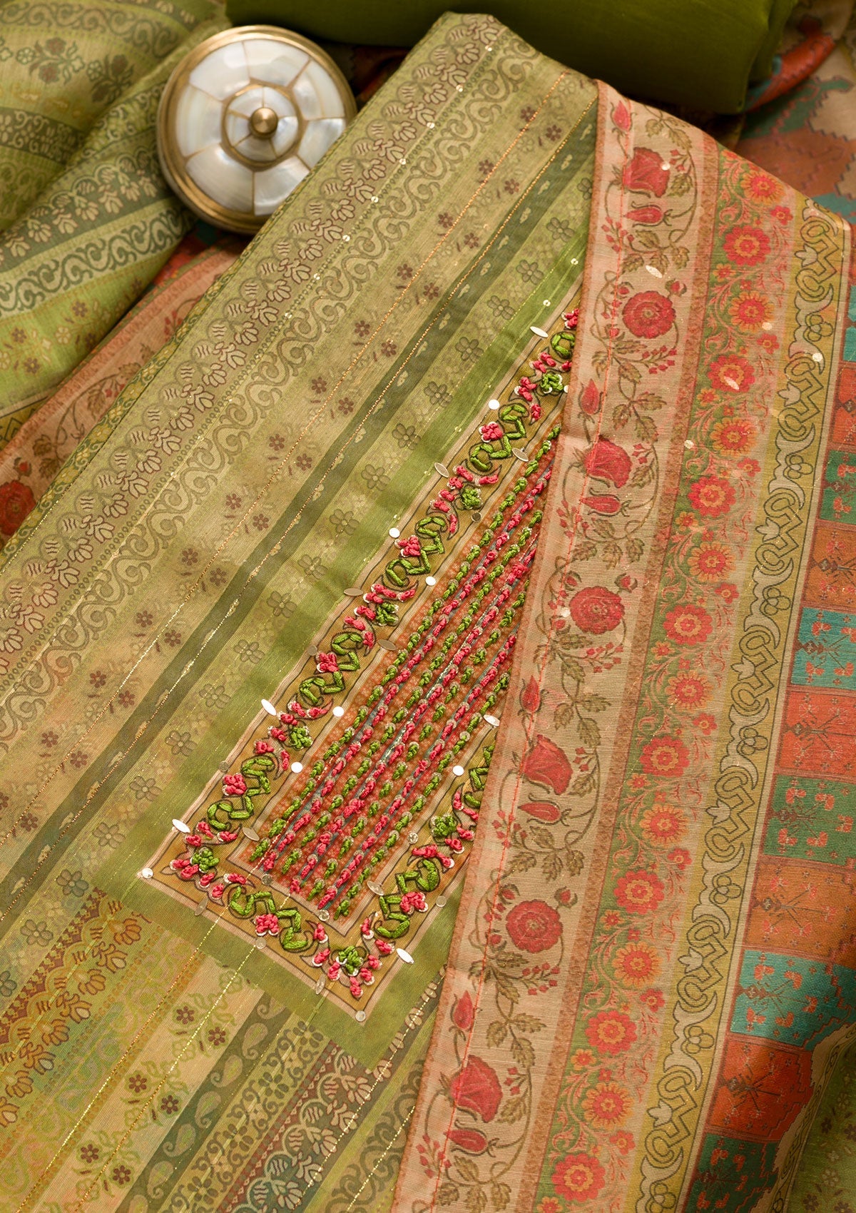 Pista Green Threadwork Chanderi Unstitched Salwar Suit
