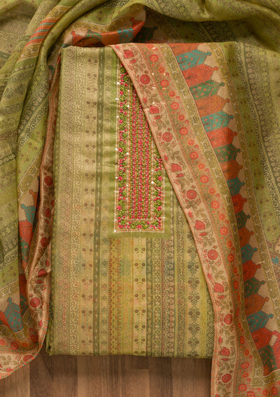 Pista Green Threadwork Chanderi Unstitched Salwar Suit