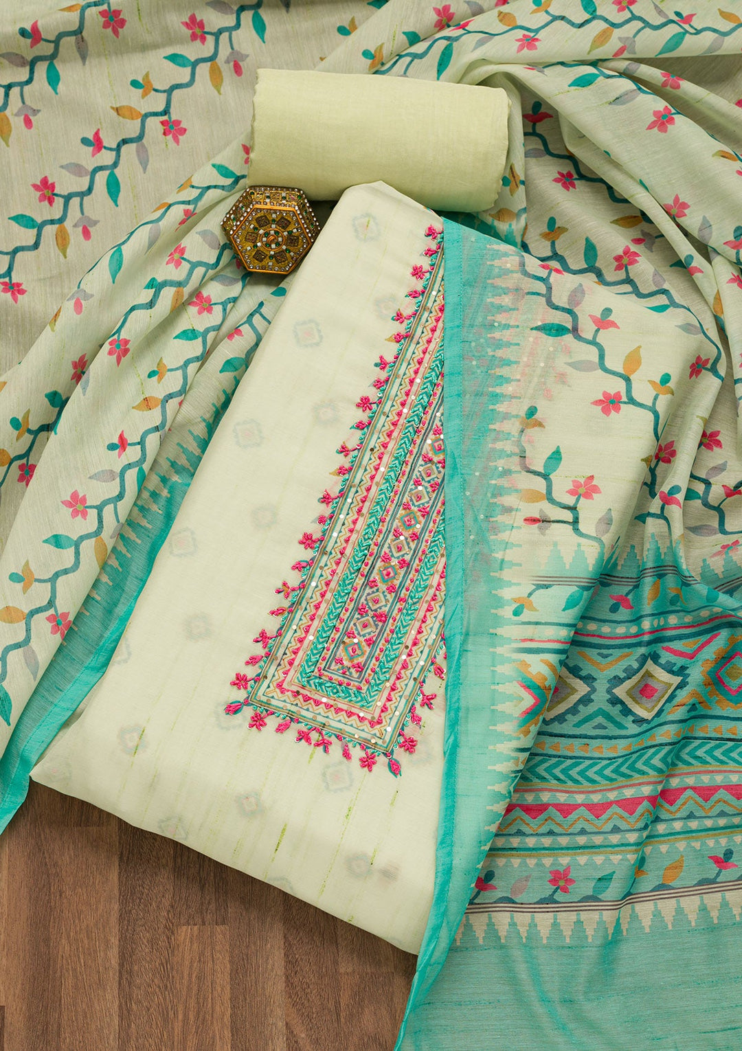 Pista Green Threadwork Chanderi Unstitched Salwar Suit-Koskii