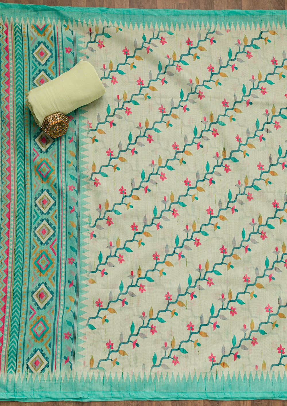 Pista Green Threadwork Chanderi Unstitched Salwar Suit-Koskii