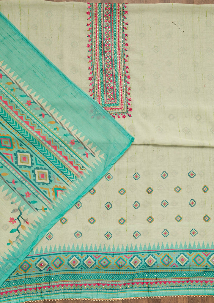 Pista Green Threadwork Chanderi Unstitched Salwar Suit-Koskii