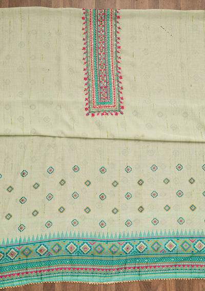 Pista Green Threadwork Chanderi Unstitched Salwar Suit-Koskii