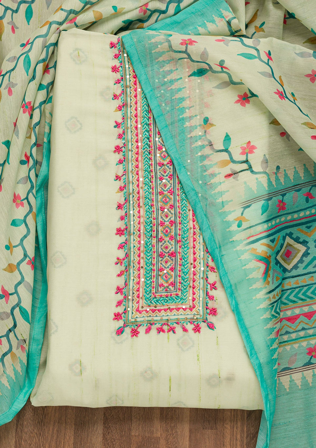 Pista Green Threadwork Chanderi Unstitched Salwar Suit-Koskii