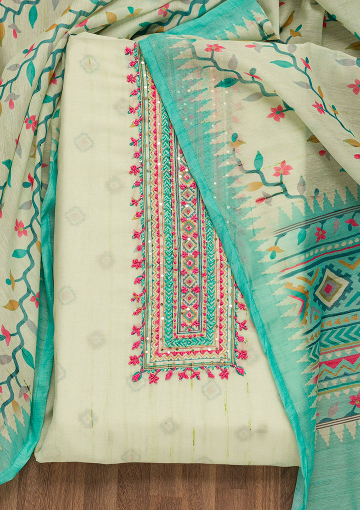 Pista Green Threadwork Chanderi Unstitched Salwar Suit-Koskii