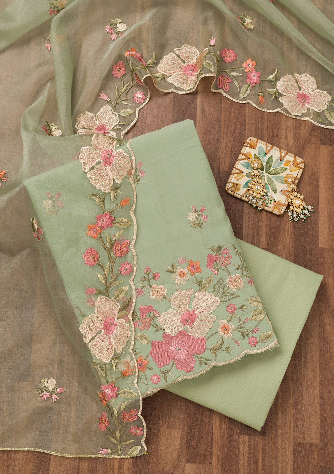 Pista Green Threadwork Chanderi Unstitched Salwar Suit-Koskii