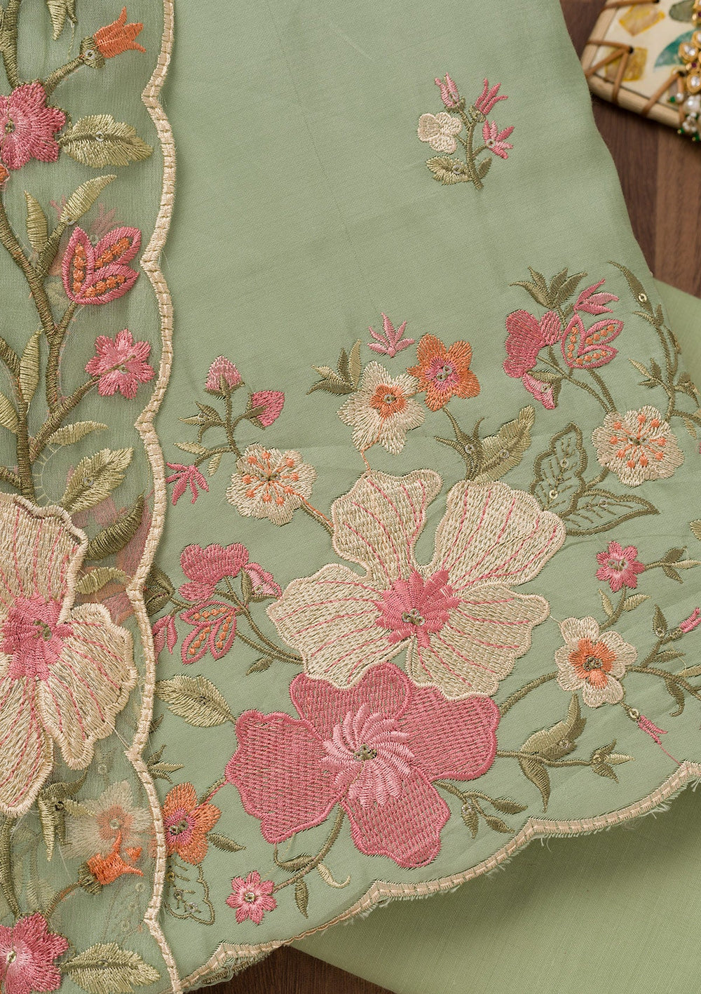 Pista Green Threadwork Chanderi Unstitched Salwar Suit-Koskii