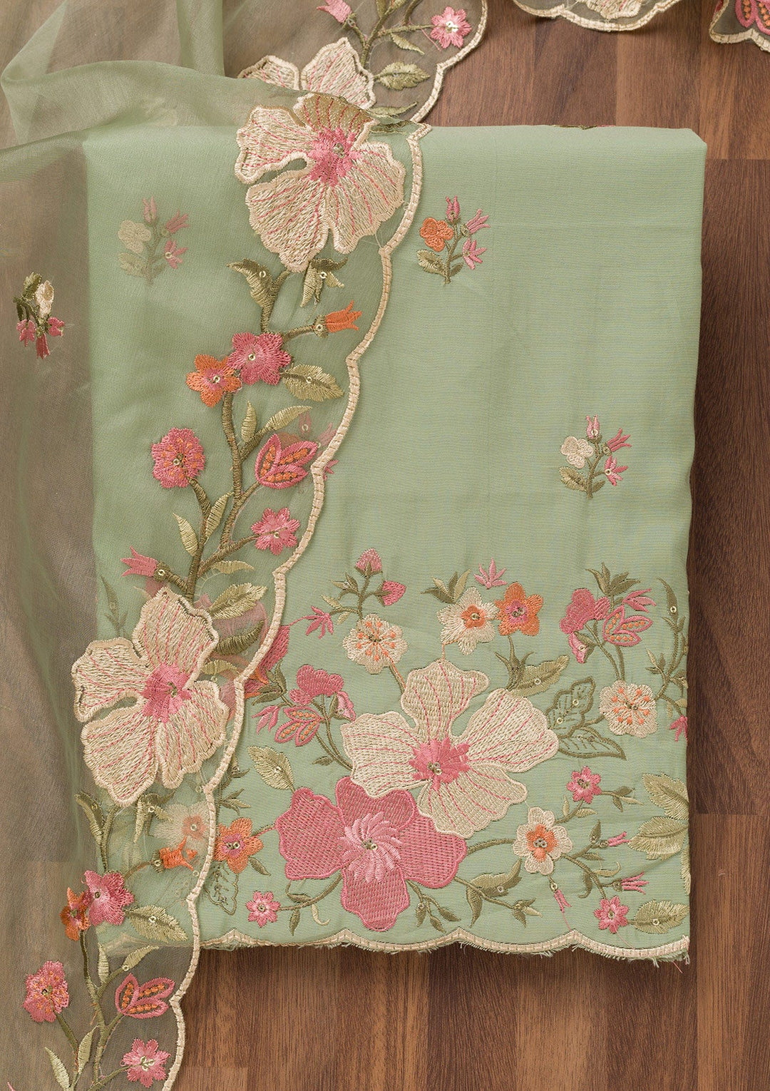 Pista Green Threadwork Chanderi Unstitched Salwar Suit-Koskii