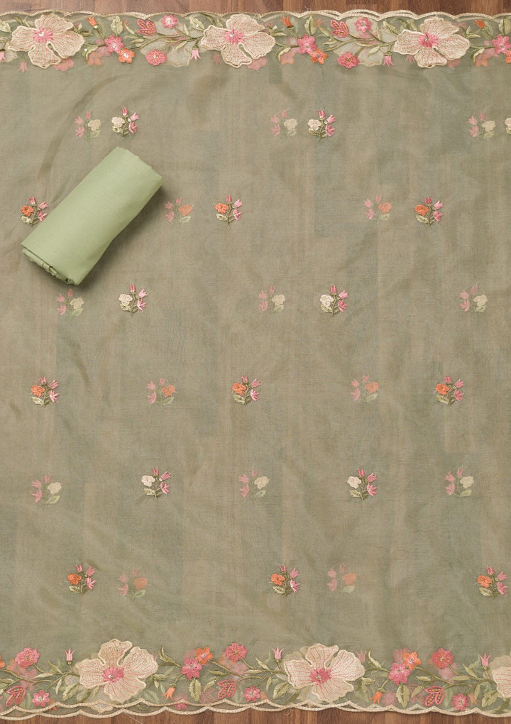 Pista Green Threadwork Chanderi Unstitched Salwar Suit-Koskii